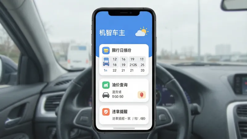 一张展示“机智车主”手机应用主界面的图片，主体是一部竖屏手机，布局为顶部显示城市名称与天气图标，中间依次排列限行日历卡片、油价查询卡片和违章提醒卡片，排版整齐清晰，风格为现代扁平化设计，细节包含圆角图标与柔和阴影，画质干净清晰，无多余元素