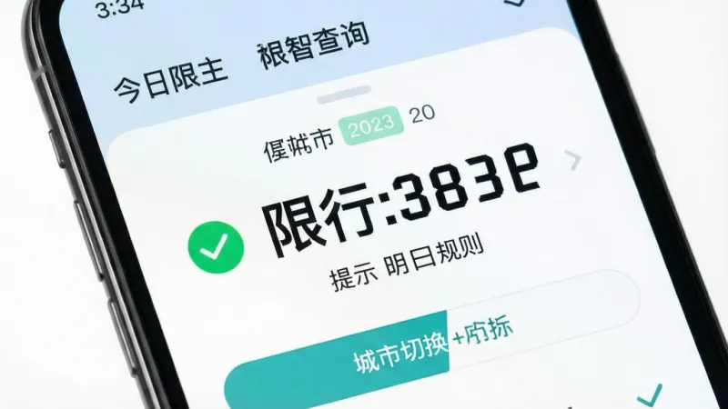 一张展示“机智车主”限行查询功能的界面图片，主体是手机屏幕，屏幕上显示今日限行尾号与城市切换按钮，布局为上方城市名称、中间大字显示限行号码、下方小字提示明日规则，风格简洁明快，细节包含绿色对勾图标与日期标签，画质干净，无多余元素