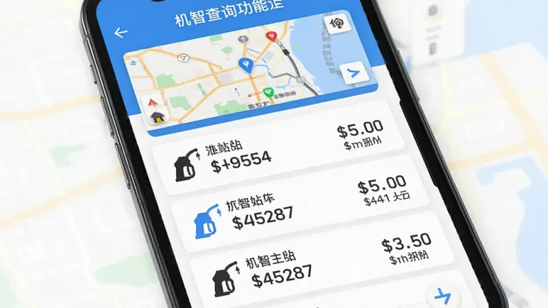 一张展示“机智车主”油价查询功能的界面图片，主体是手机屏幕，布局为顶部地图缩略图、下方列表排列三个加油站名称与对应油价数字，排版清晰，风格为清爽的蓝白配色，细节包含油枪小图标与距离标签，画质干净，无多余元素