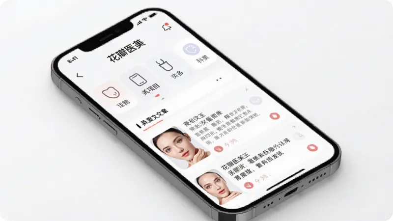 一张展示“花瓣医美”App整体界面的图片，主体是一部手机屏幕，屏幕上显示着简洁的医美项目分类导航和科普文章列表，布局清晰，排版干净，风格现代扁平化，细节圆润，画质高清干净，无多余元素