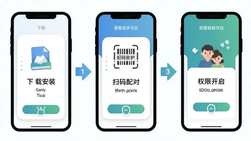 一张展示光任守护家长端安装绑定流程的步骤图，主体是三部手机屏幕从左到右依次排列，分别显示下载安装、扫码配对、权限开启三个界面，布局为横向流程式构图带序号箭头，风格为清新扁平化教程插画风，细节上每个屏幕有简洁图标和短文字标签、蓝绿配色、圆角卡片，画质干净清晰无多余元素