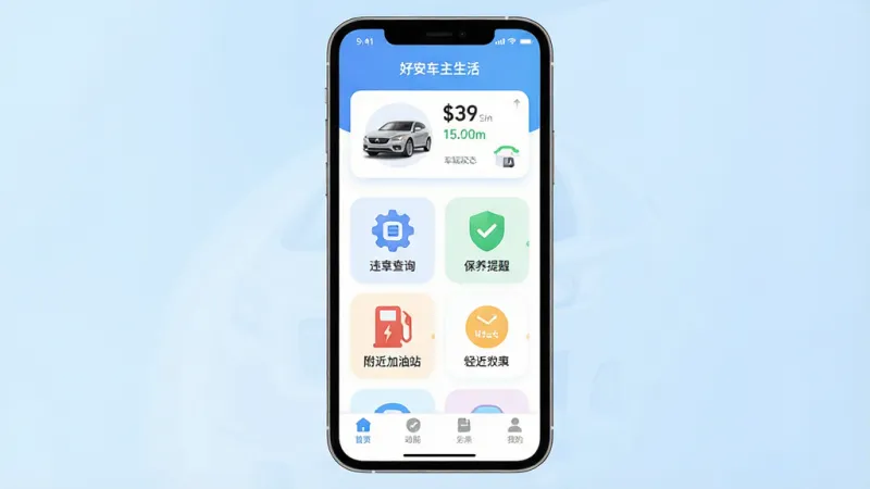 一张手机应用界面展示图，画面中央是一部智能手机，屏幕显示“好安车主生活”APP首页，顶部有车辆状态卡片，中间是功能图标宫格包含违章查询、保养提醒、附近加油站，底部导航栏清晰，背景是浅蓝渐变，整体风格简洁现代扁平化，细节圆润，画质干净清晰，无多余元素