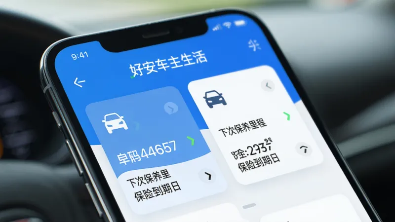 手机屏幕特写图，展示“好安车主生活”多车辆管理界面，屏幕上有两辆车的卡片信息，每张卡片显示车牌号、下次保养里程和保险到期日，界面配色为蓝白相间，图标简洁，背景虚化处理，画质清晰干净