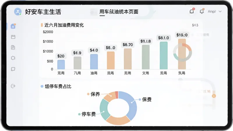 一张数据统计图表界面图，展示“好安车主生活”用车成本统计页面，屏幕中间是柱状图显示近六个月加油费用变化，下方有环形图展示油费、保养、停车费占比，配色柔和，数据标签清晰，整体风格干净清爽