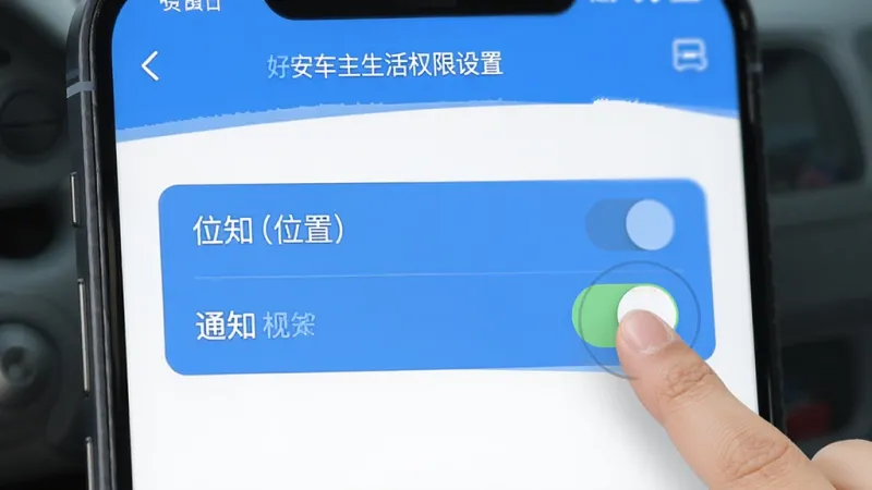 一张手机操作示意图，展示“好安车主生活”权限设置页面，屏幕上有位置权限和通知权限的开关按钮，旁边有手指点击的示意，界面简洁，蓝白配色，画质清晰干净