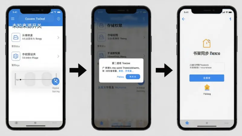 云锦文学城安装与权限设置步骤示意图,画面展示手机屏幕分三步:第一步未知来源开关界面,第二步存储权限弹窗,第三步书架同步登录页,每步配有简洁箭头指引,背景为浅灰色,风格教程图示化,画质清晰,无多余元素