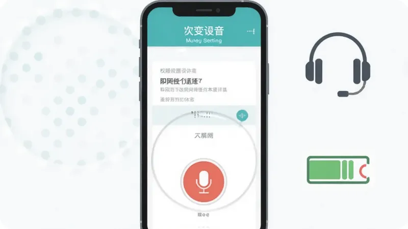 一张千变语音使用场景示意图,画面展示手机屏幕上的权限设置界面和录音按钮特写,旁边有耳机图标和存储空间图标,整体布局为上下结构,风格扁平化说明图,配色清爽,细节简洁,画质干净无多余元素