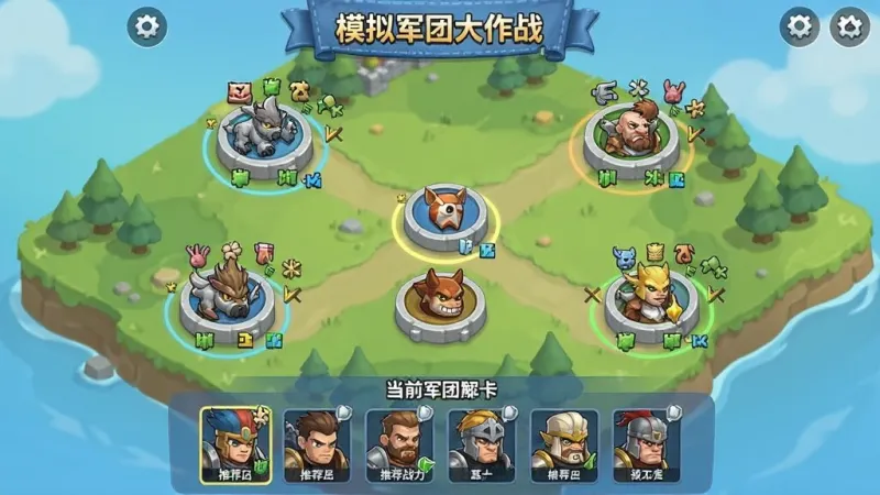 游戏关卡选择界面截图，画面中“模拟军团大作战”的地图上有多个关卡节点，每个节点标注了推荐战力和敌人兵种图标，底部显示当前军团阵容，界面风格卡通清新，布局清晰，画质干净无多余元素