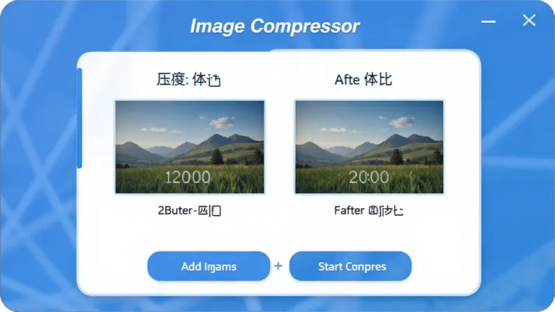 一张展示Image Compressor软件主界面的图片，画面中央是简洁的蓝白色调界面，顶部写着软件名称Image Compressor，中间显示图片压缩前后的体积对比数字，底部有添加图片和开始压缩的按钮，风格现代扁平化，细节圆润，画质干净清晰，无多余装饰元素