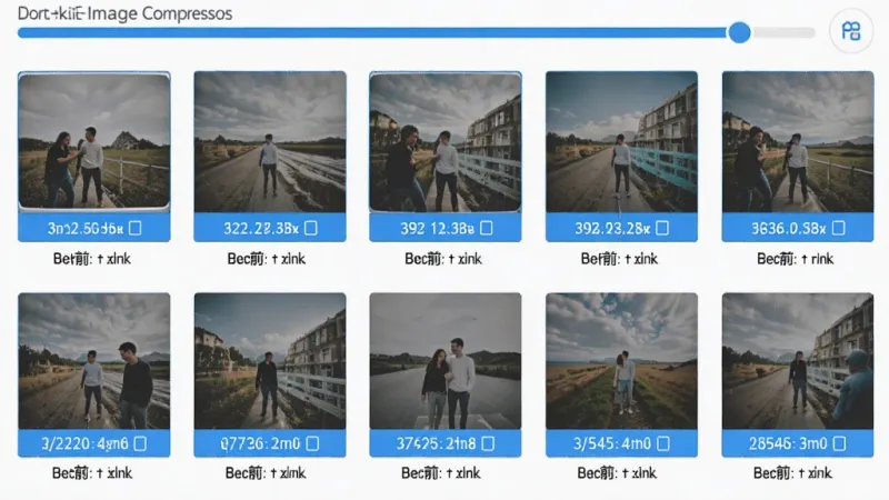 一张展示Image Compressor批量压缩功能的图片，画面中显示多张手机照片缩略图排列整齐，每张图片下方标注着压缩前后的文件大小对比，界面顶部有进度条显示正在批量处理，风格简洁明快，蓝白配色，画质干净无杂乱元素