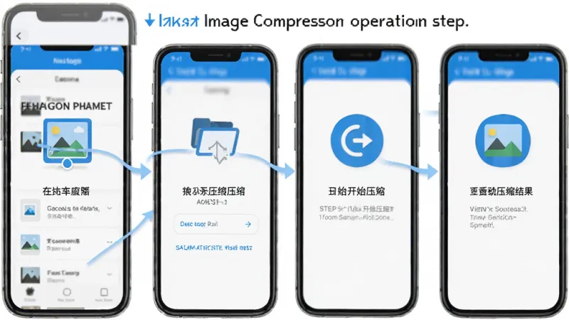 一张展示Image Compressor操作步骤的图片，画面中手机屏幕显示从相册选择图片、调整压缩参数、点击开始压缩、查看压缩结果四个步骤的图标示意，界面风格简洁清晰，蓝白配色，画质干净无多余元素