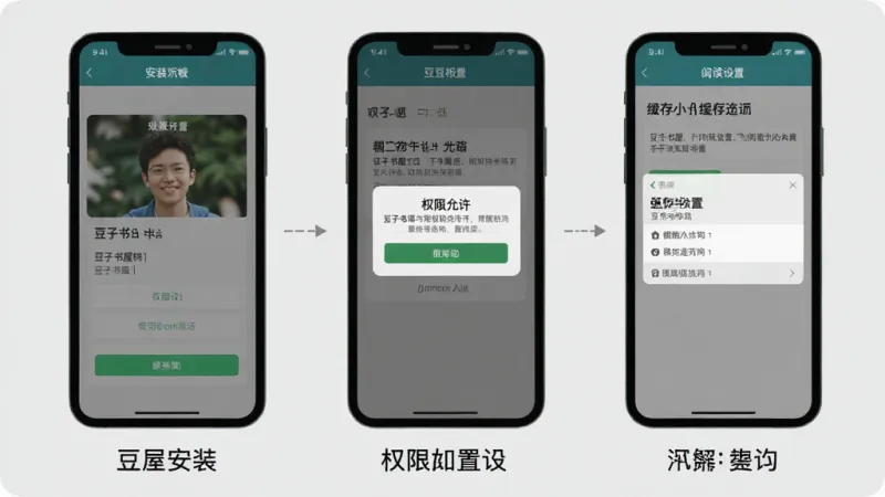 一张展示豆子书屋安装与权限设置的流程示意图，画面分为三个并排的手机屏幕，第一屏显示安装界面，第二屏显示权限允许弹窗，第三屏显示阅读设置中的缓存路径选项，每个屏幕下方配有简短文字标签，背景为浅灰色，整体风格为步骤图解式扁平设计，画质干净清晰，无多余元素