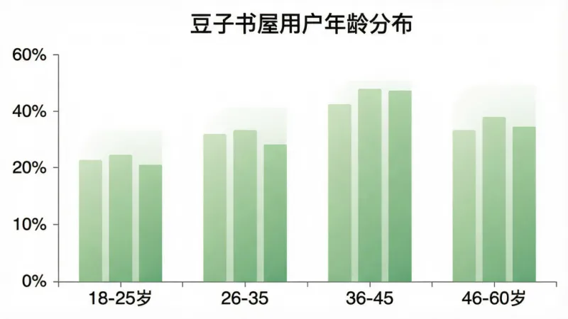 一张展示豆子书屋用户年龄分布的柱状图，横轴为年龄段分为18-25岁、26-35岁、36-45岁、46-60岁四组，纵轴为人数占比百分比，柱体为柔和的绿色渐变，图表标题为“豆子书屋用户年龄分布”，背景为白色，整体风格简洁数据可视化，画质干净清晰，无多余装饰