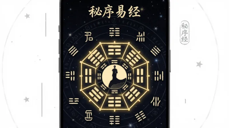 一张古风风格的手机界面图,展示「秘序易经」App的智能排盘功能,画面中是一个发光的八卦罗盘,周围环绕着六十四卦的卦象符号,界面顶部写着「秘序易经」字样,背景是深色星空纹理,风格神秘简洁,画质干净无多余元素