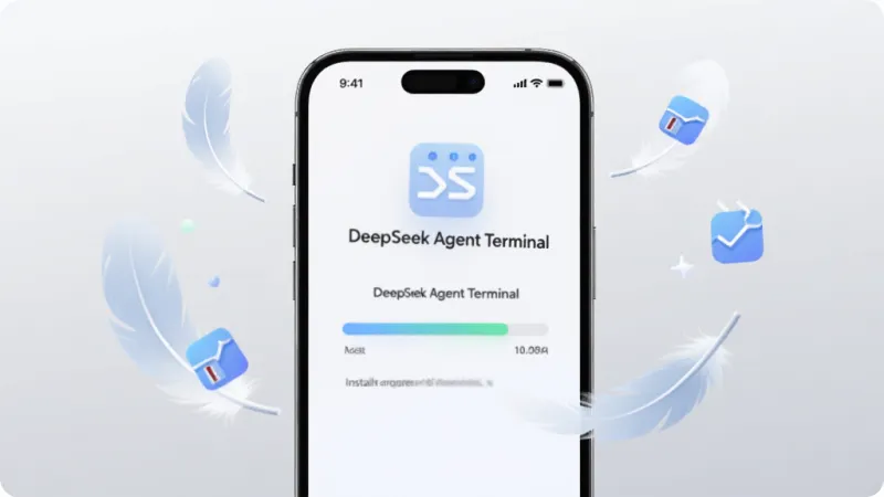 一张展示DeepSeek Agent Terminal轻量无捆绑特点的图片，画面中央是一部手机，手机屏幕显示安装进度条和“DeepSeek Agent Terminal”字样，手机周围飘着羽毛和轻量级图标，背景为浅灰色渐变，风格清新简约，细节圆润，画质干净，无多余元素