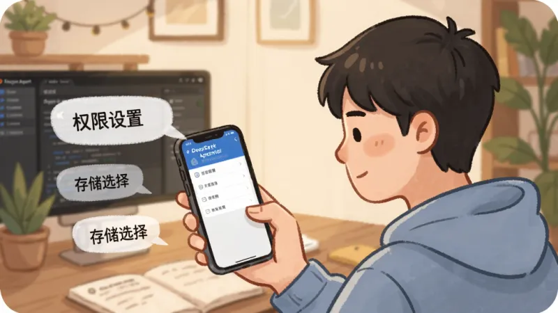 一张展示DeepSeek Agent Terminal新手使用场景的图片，画面中一位年轻人坐在桌前看着手机屏幕，屏幕显示DeepSeek Agent Terminal终端界面和设置菜单，旁边有提示气泡写着“权限设置”“存储选择”等字样，背景为温馨的室内环境，风格生活化插画，细节清晰，画质干净，无多余元素