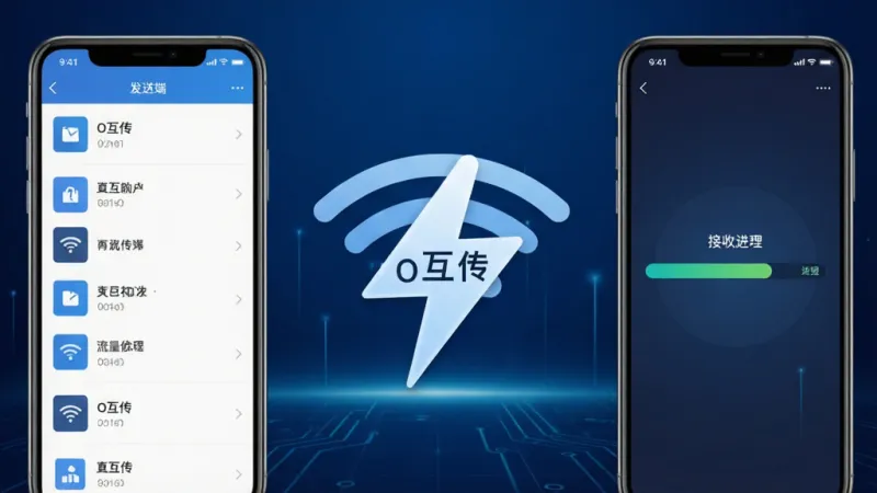 一幅表现O互传零流量传输的示意图，画面左侧是发送端手机屏幕显示已选文件列表，右侧是接收端手机屏幕显示接收进度条，中间用一道闪电形状的WiFi信号符号连接，信号符号上标注着“O互传”字样，背景为深蓝色渐变科技感背景，风格简洁明快，画质干净，无多余元素