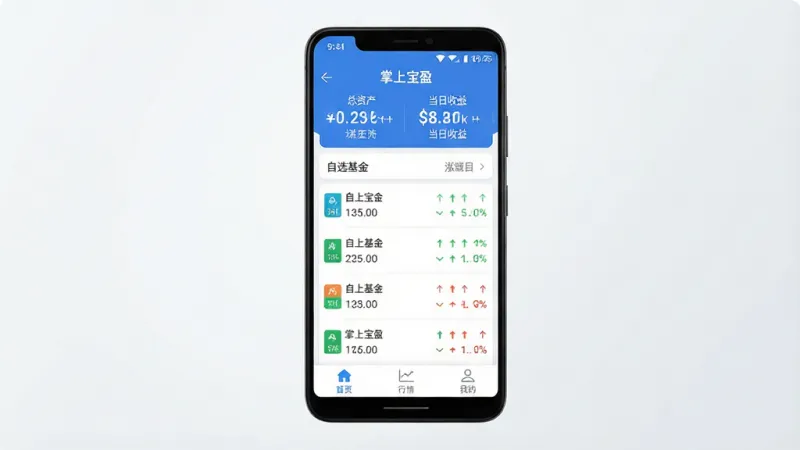一张展示掌上宝盈App核心界面的手机样机图，画面中央是一部竖屏安卓手机，手机屏幕上清晰展示掌上宝盈App的首页，顶部显示总资产和当日收益数字，中间区域是自选基金列表和涨跌箭头，底部有“首页”“行情”“我的”三个导航标签，整体布局简洁明快，配色以蓝白为主，背景为干净的浅灰色渐变，风格现代扁平化，细节圆润，画质干净清晰，无多余装饰元素