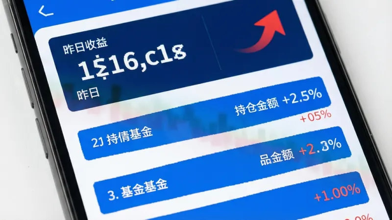 掌上宝盈App的持仓收益页面特写图，画面主体为手机屏幕，屏幕上展示总资产数字和昨日收益的红色上涨箭头，下方是持有基金的明细列表，每行左侧为基金名称，右侧为持仓金额和涨跌幅百分比，配色以白色背景搭配蓝色和红色数据高亮，风格清爽直观，细节清晰，画质干净，无多余元素