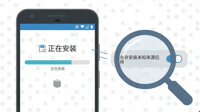 一张展示安卓手机安装掌上宝盈App过程的示意图，画面中手机屏幕显示安装进度条和“正在安装”字样，旁边有一个放大镜图标指向“允许安装未知来源应用”的设置开关，整体风格为扁平化信息图，配色为蓝白灰，细节清晰，画质干净，无多余元素