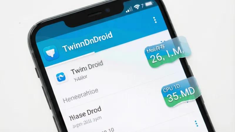 一张展示TwinnDroid资源占用优化效果的手机界面风格图片,画面中手机屏幕显示TwinnDroid的应用管理列表,列表右侧有内存占用和CPU占用的小标签,标签数值显示较低水平,界面顶部有TwinnDroid名称,整体配色清爽,风格简洁实用,布局清晰,细节干净,画质明亮无多余元素