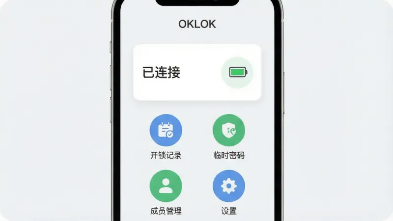 一张展示OKLOK应用主界面的手机屏幕截图,屏幕中央是智能锁设备状态卡片,显示“已连接”和电量图标,下方排列着“开锁记录”“临时密码”“成员管理”“设置”四个圆形功能图标,背景为浅灰白色,顶部有“OKLOK”文字标识,整体布局简洁对称,风格现代扁平,图标线条圆润,画质干净清晰,无多余装饰元素
