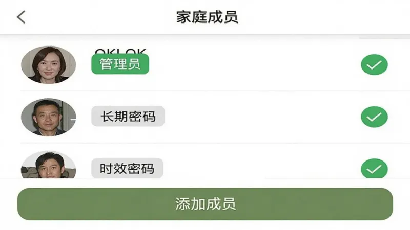 一张OKLOK应用内“成员管理”页面的手机截图,屏幕上方显示“家庭成员”标题,下方列表展示三位成员头像和对应的权限标签“管理员”“长期密码”“时效密码”,右侧有绿色对勾图标,页面底部有“添加成员”按钮,背景白色,文字清晰,风格简洁扁平,画质干净无杂乱元素