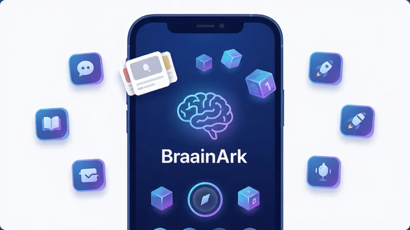 主体是一个简洁的深蓝色手机应用界面，屏幕中央显示 brainark