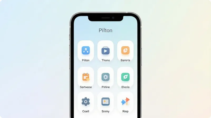 一张展示Pilton软件整体界面的手机样机图，画面中央是简洁的软件主页，顶部显示软件名称“Pilton”，页面布局清爽，功能图标排列整齐，背景为浅色渐变，风格现代扁平化，细节圆润，画质干净清晰，无多余元素
