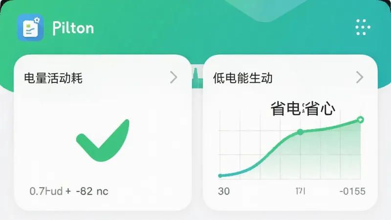 手机设置界面截图风格图，显示Pilton应用的电量消耗和后台活动数据，数值处于低位，画面用绿色对勾和低耗能曲线图强调“省电省心”，风格清爽数据可视化，画质干净无多余装饰