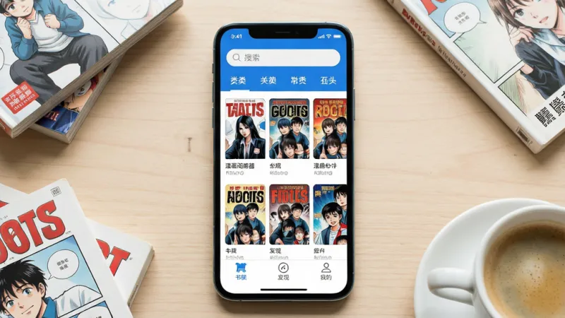 一张展示“漫画阅读器”手机应用主界面的场景图。画面中央是一部竖屏智能手机，屏幕内显示漫画阅读器首页，顶部有搜索栏和分类标签，中间是整齐排列的漫画封面卡片，底部是书架、发现、我的三个导航图标，界面以蓝白为主色调，风格简洁清爽。手机周围散落着几本漫画书和一杯咖啡，背景是浅色木质桌面，光线柔和，画质干净清晰，无多余元素。