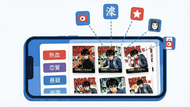 一张表现“漫画阅读器”资源聚合功能的示意图。画面中一部手机屏幕显示漫画分类页面，左侧是热血、恋爱、悬疑等标签列表，右侧是封面瀑布流，屏幕上方飘浮着多个代表不同漫画来源的小图标，用虚线连向手机屏幕，象征资源汇聚。整体风格扁平化，以蓝色和白色为基调，细节简洁，画质干净清晰。