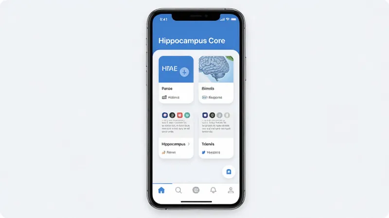 一张展示Hippocampus Core应用主界面的手机样机图,画面中央是简洁的蓝白色调界面,顶部显示“Hippocampus Core”字样,中间是几个排列整齐的记忆训练卡片模块,底部导航栏清晰,整体布局干净利落,风格现代扁平化,细节圆润,画质清晰无多余元素