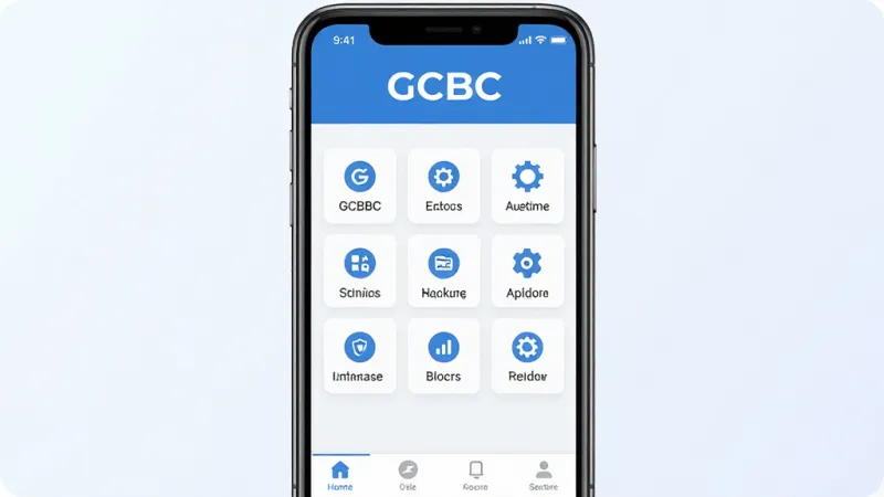 一张展示GCBC软件核心界面的手机样机图，画面中央是手机屏幕，屏幕内显示GCBC应用的主界面，界面布局简洁，顶部有GCBC字样，中部是核心功能图标矩阵，底部是导航栏，整体风格清爽现代，蓝白配色，画质干净清晰，无多余元素，背景为浅色渐变，突出软件全貌