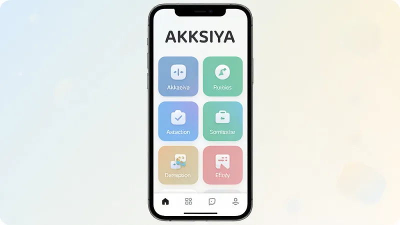 AKKSIYA软件主界面全貌展示,手机屏幕居中,浅色渐变背景,界面顶部显示AKKSIYA字样,中间是功能卡片式布局,底部为导航栏,风格现代扁平,图标圆润,画质干净清晰,无多余装饰元素
