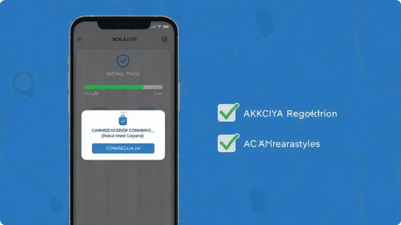 AKKSIYA安装步骤示意图,手机屏幕显示安装进度条和权限确认弹窗,旁边有勾选提示,背景简洁,突出安全安装流程,画质清晰干净