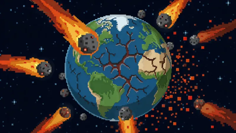 毁灭模拟器游戏界面中一颗布满裂纹的地球悬在太空中央,周围有陨石拖着火焰尾巴砸向地表,爆炸产生橙红色粒子飞溅,背景是深蓝色星空,画面风格为像素扁平化,布局以星球为视觉中心,细节包括地表裂缝纹理和飞散的碎块,画质干净清晰
