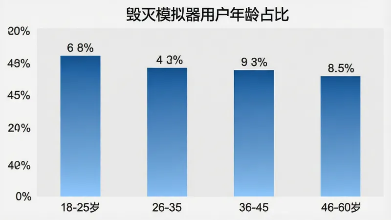 一张柱状图展示毁灭模拟器用户年龄分布,横轴为18-25岁、26-35岁、36-45岁、46-60岁四个年龄段,纵轴为人数占比百分比,柱体颜色为蓝色渐变,图表标题为“毁灭模拟器用户年龄占比”,风格简洁扁平,细节包括柱体上方标注具体百分比数字,背景为浅灰色,画质干净清晰