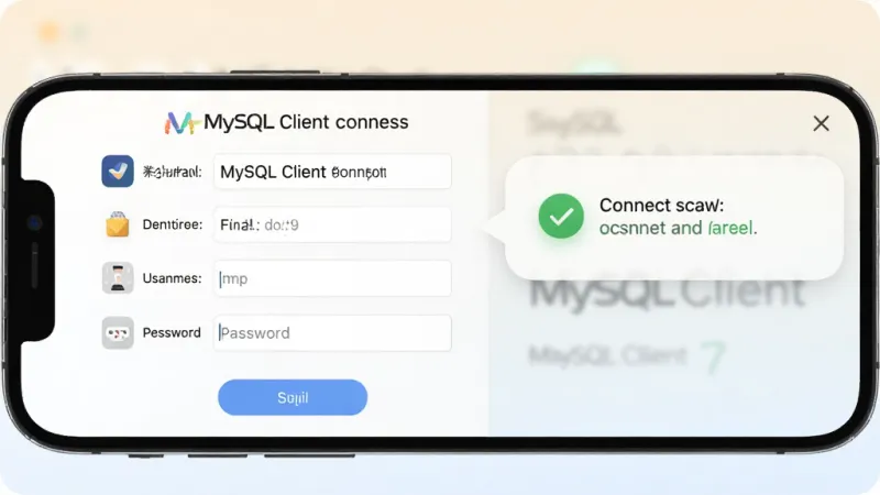手机展示MySQL Client连接配置界面,包含主机地址、端口、用户名、密码输入框和保存按钮,旁边有提示气泡显示连接成功状态,背景为浅色渐变,图标风格圆润,画质清晰干净