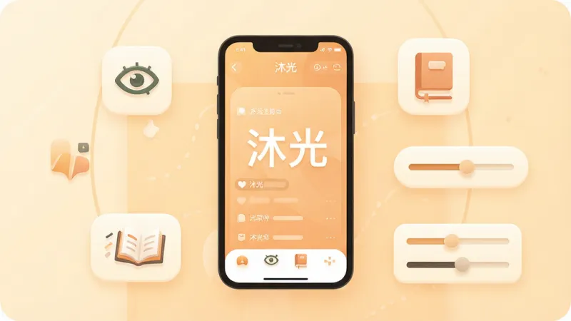 一张展示沐光软件核心全貌的插画,画面中央是手机屏幕显示沐光应用主界面,界面为极简阅读风格,暖色调背景柔和,周围环绕护眼图标、书本图标和调光滑块元素,整体布局清晰居中,风格现代扁平化,细节圆润干净,画质高清,无多余杂乱元素