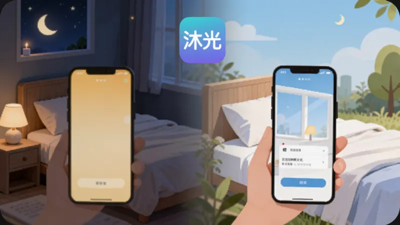 一幅展示沐光智能护眼调光功能的场景图,画面左侧是夜晚卧室环境,手机屏幕发出暖黄色柔光,右侧是白天户外场景,屏幕清晰明亮,中间用渐变过渡连接,顶部有沐光应用图标,整体风格温馨扁平,细节柔和,画质干净