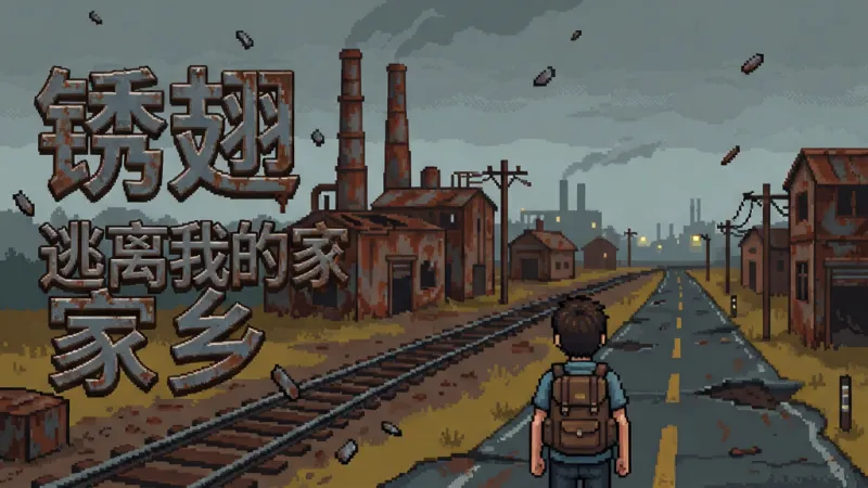 画面中央呈现一座锈迹斑斑的工业小镇全景,灰蒙蒙的天空下矗立着废弃烟囱与铁轨,前景是一位背着旧行囊的年轻人背影,面向通往远方的破旧公路,画面左侧用做旧金属字体写着“锈翅 逃离我的家乡”,整体采用像素艺术风格,色调以铁锈红、灰蓝与暗黄为主,细节包含飘落的铁屑与远处微弱灯光,画质清晰干净,无多余装饰元素