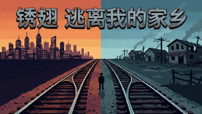 画面以分叉的铁路轨道为视觉中心,两条铁轨分别通向远方不同的方向,左侧轨道尽头是繁华城市天际线剪影,右侧轨道尽头是破败小镇轮廓,轨道中央站立一个小小的人影,画面顶部用做旧金属字写着“锈翅 逃离我的家乡”,整体采用对称构图与冷暖对比色调,风格为电影感像素插画,画质细腻干净