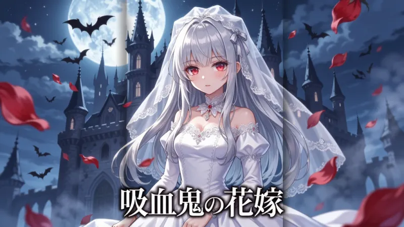 画面中央是一位身穿白色婚纱的日系动漫少女，背景是月光下的哥特式城堡与飘落的红色玫瑰花瓣，整体布局为竖版手机游戏封面构图，风格为日系幻想插画，细节包括少女银白色长发、红色眼眸、城堡尖顶与蝙蝠剪影，画质高清，画面干净，无多余元素，图片下方写有文字