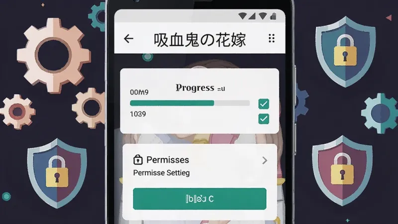 画面为一部安卓手机屏幕特写，屏幕上显示游戏安装进度条与权限设置界面，布局为手机居中、周围环绕齿轮与盾牌图标，风格为扁平化科技插画，细节包括进度条、勾选按钮与安全锁标志，画质清晰，画面干净，无多余元素，屏幕上方写有
