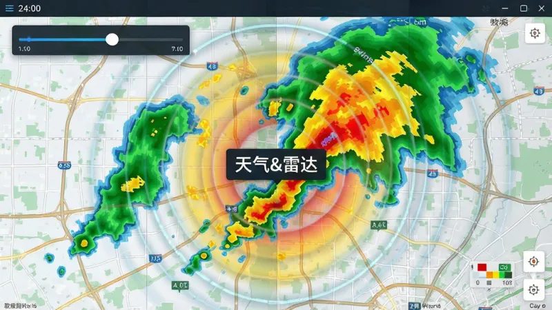 主体为一张展开的电子地图,地图上叠加彩色雷达回波图层,绿色代表小雨、黄色代表中雨、红色代表强降雨,地图中央标注软件名称“天气&雷达”;布局为地图铺满画面,左上角悬浮时间轴滑块;排版层次分明;风格为数据可视化科技风;细节包含城市道路网格、雷达波纹渐变色、时间刻度标记;画质高清,干净,无多余元素