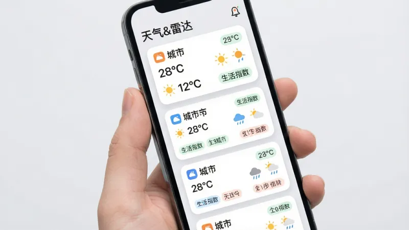 主体为手机屏幕显示多个城市天气卡片列表,每张卡片包含城市名、温度、天气图标与生活指数小标签,卡片上方有“天气&雷达”字样;布局为纵向卡片流,背景为柔和浅灰;排版整齐留白充足;风格为清新简约卡片式设计;细节包含彩色小图标、圆角卡片、阴影层次;画质高清,干净,无多余元素