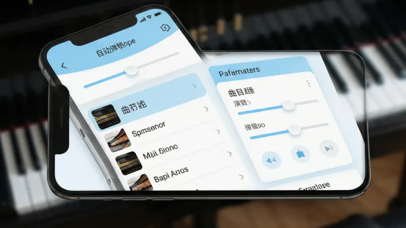 自动弹琴功能设置界面，手机屏幕展示演奏速度滑块、曲目列表与参数调节面板，界面风格清爽现代，配色以浅蓝与白色为主，布局规整，细节丰富，画质清晰，干净无多余元素
