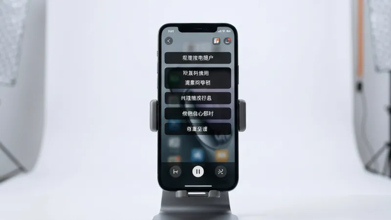 主体为一部智能手机屏幕显示悬浮提词字幕界面,布局为手机居中放置在桌面支架上,背景为简洁的浅色摄影棚环境,排版为竖版构图突出手机屏幕内容,风格为现代科技感产品展示风,细节包括屏幕上滚动的中文台词文字、半透明黑色背景条、简洁的控制按钮、柔和的环境光,画质高清锐利、干净、无多余元素