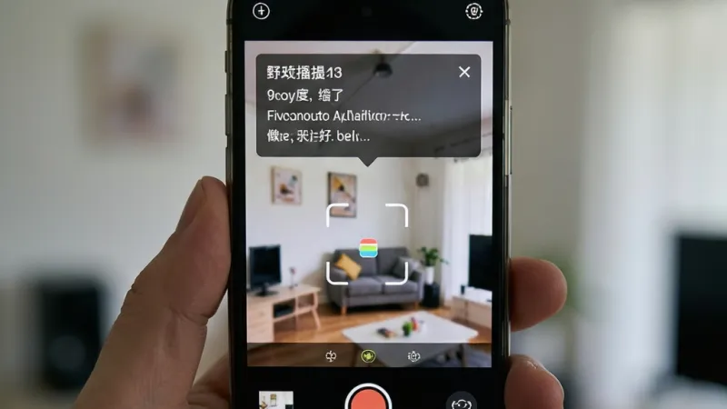 主体为手机屏幕同时显示相机取景画面与悬浮提词窗口,布局为悬浮窗位于屏幕上方三分之一处、相机画面铺满背景,排版为竖屏手机界面特写,风格为真实使用场景演示风,细节包含半透明悬浮提词框、滚动中的白色文字、相机对焦框、录制按钮,画质清晰、干净、无多余元素